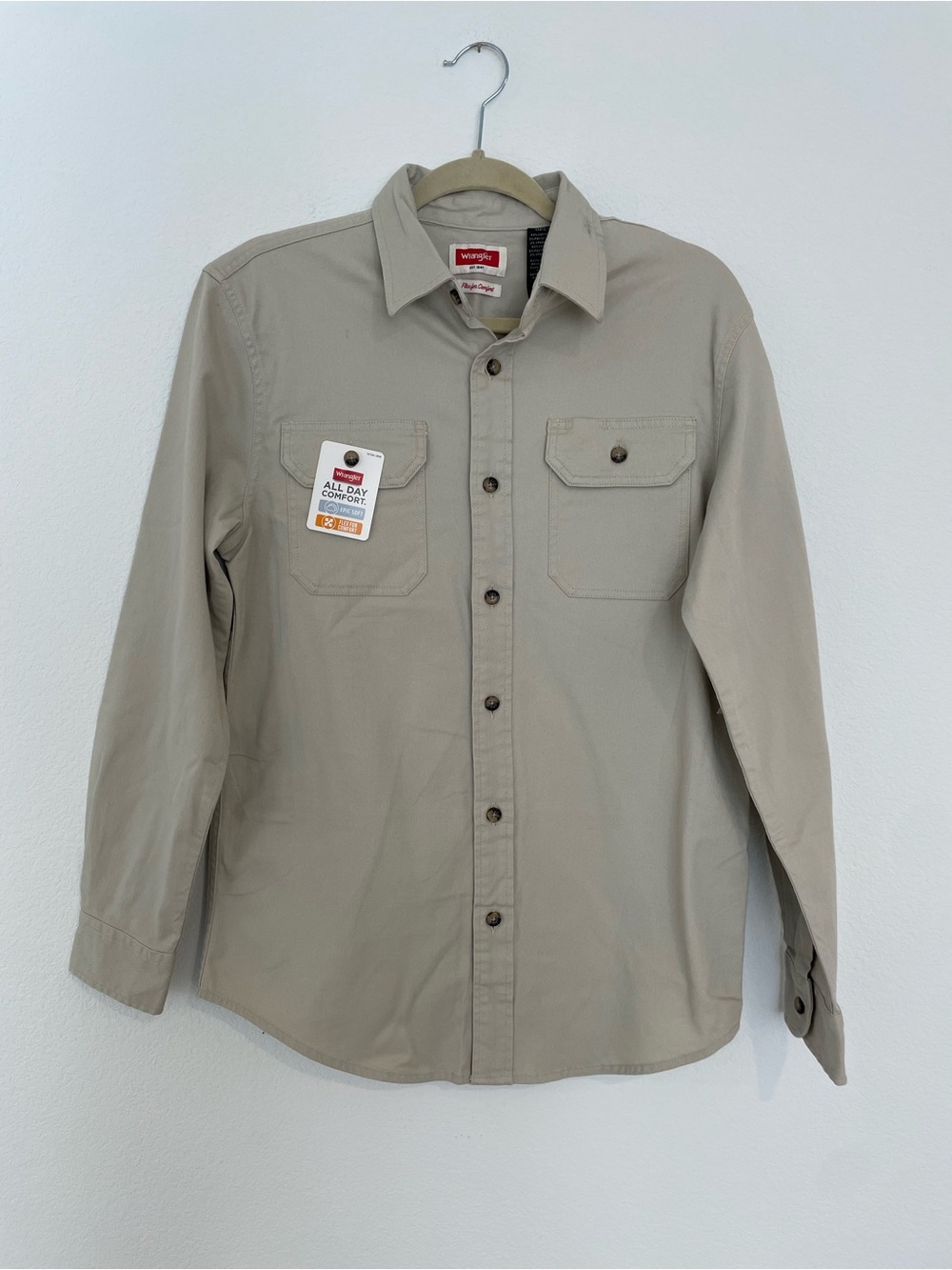 Wrangler Flex for Comfort Men's Button-Down Work Shirt in Tan